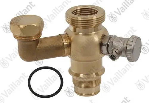 Vaillant Anschlussstück mit einer gewinkelten Form und mehreren Anschlüssen. Dazu gehört ein O-Ring. Das Produkt besteht aus Messing.